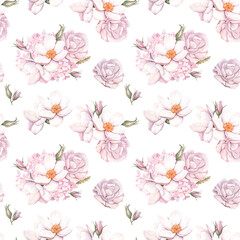 Seamless tropical floral pattern, pastel dry palm leaves, boho tropical flower, rose. Watercolor illustration design for fashion textile, texture, fabric, wallpaper, cover.