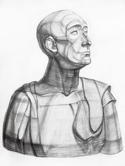 academic drawing of bust of Niccolo da Uzzano hand-drawn by black pencil on white paper
