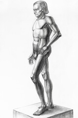 Fototapeta na wymiar study drawing of man standing on podium hand-drawn by graphite pencil on white paper