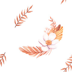 Seamless tropical floral pattern, pastel dry palm leaves, boho tropical flower, rose. Watercolor illustration design for fashion textile, texture, fabric, wallpaper, cover