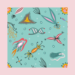 Colorful seamless medical doodle pattern with cute bacterias, dna and infusoria shoe