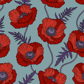 Seamless pattern with red poppy flowers. Papaver. Hand drawn line art sketch vector illustration. Ornate elegant summer background. Decor for Anzac day. Endless texture for textile, fashion, packing.