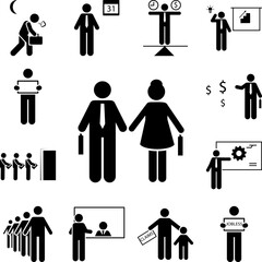 Pictogram of woman, man, jobless icon in a collection with other items