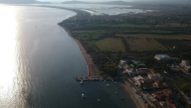 Panoramic aerial view over Gialova seaside city in Navarino bay. It is one of the best touristic places located in Messenia, Greece.