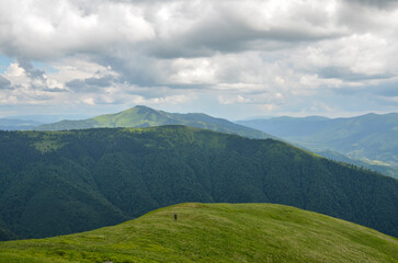Grassy hills with beech forests under the gorgeous cloudscape. Beautiful landscape of mountain ridge of Carpathians, Ukraine 