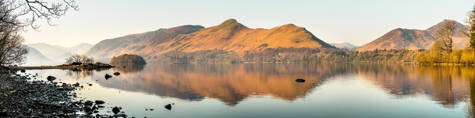 Derwentwater lake panorama with reflections in Lake District, Cumbria. England