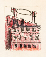 sketch of red building in Moscow city hand-drawn with color pencils and black pen on old yellow colored textured paper close up