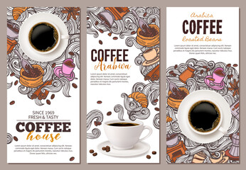 Coffee advertising banners design set with coffee cup and hand drawn doodle beans, croissant, mug of beverage and swirls in steam. Vertical templates with mixing realistic and cartoon sketch styles
