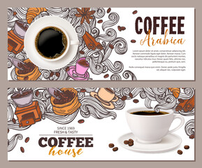 Coffee advertising banners design set with coffee cup and hand drawn doodle beans, croissant, mug of beverage and swirls in steam. Horizontal templates with mixing realistic and cartoon sketch styles