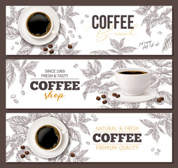 Horizontal coffee banners set. Top view realistic cup on white background with coffee tree plant in sketch etching style. Design for advertising, café or shop