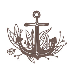 Vector logo, symbol, emblem or label of anchor with growing flowers and leaves from it. Creative drawing sign for sea, adventure, travel agency or cruise ship. Illustration of marine object blossom fo