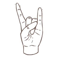 Vector gesture meaning rock and roll or goat. Linear drawing of handwith two thumbs or fingers up. Simple sketch illustrtaion for sign language
