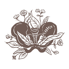 Vector logo, symbol, emblem or label of human pelvic bone with growing flowers and leaves from it. Creative drawing sign for medicine, health care, ultrasound of organs. Illustration of skeleton with 