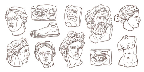 Vector set of ancient antique sculpture. Venus, Apollo and Laocoon head and body statue. Monument elements of greek gods, David's eyes, nose, lips, ear. Linear beautiful hand drawn sketch collection