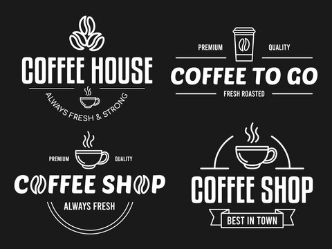 Set of coffee cup logo designs with coffee beans, vector template. Coffee house badges and emblems, logo concept with mug and paper coffee cup of hot drinks.