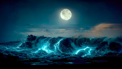 Fototapety  Night fantasy seascape with beautiful waves and foam. Night view of the ocean. Neon foam on water waves. Reflection in the water of the starry sky. 3D illustration.