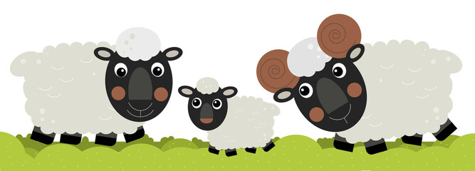 Cartoon happy sheep family is standing smiling illustration