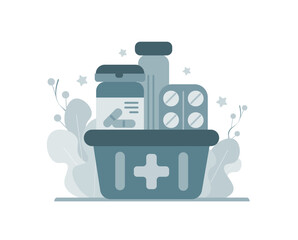 Full pharmacy basket, order medical product, purchase delivery. Vector illustration, concept and graphic design.