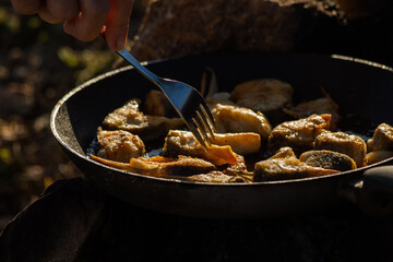 Frying fish in oil in a pan in the camp