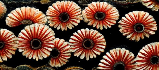 Fototapeta na wymiar Beautiful alternative decorative rock art series. Fossilized autumn red and ammonite orange tones of fall mixed with abstract flower swirls and agate stone lines. Modern art from prehistoric times. 