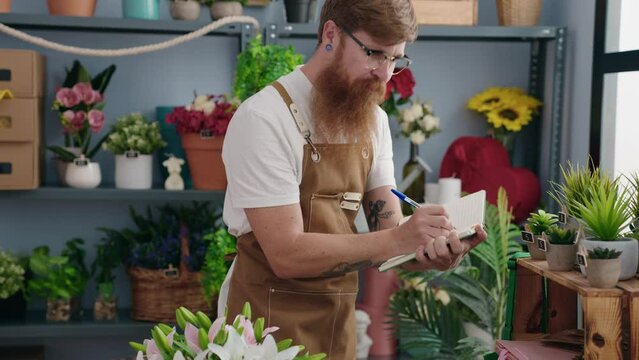 Young redhead man florist smiling confident writing on notebook at flower shop