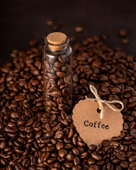 Macro photography of coffee beans, jar, label
