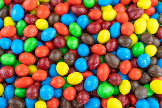 MM's candies. Candies background, selective focus.