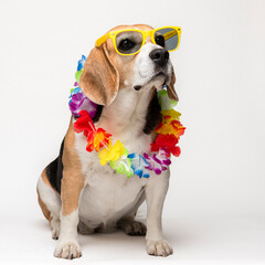 Cute beagle dog with sunglasses and flower collar on white background. Spring portrait of a dog. 