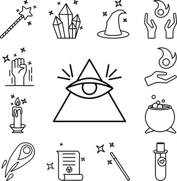 Pyramid, eye, magic icon in a collection with other items