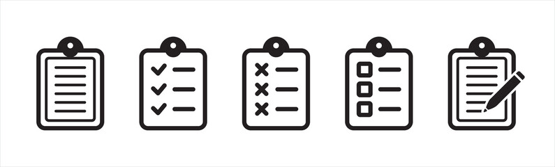 Document and clipboard icon. Sheet of checkbox, checklist, checkmark paper and pencil symbol, vector illustration. - obrazy, fototapety, plakaty