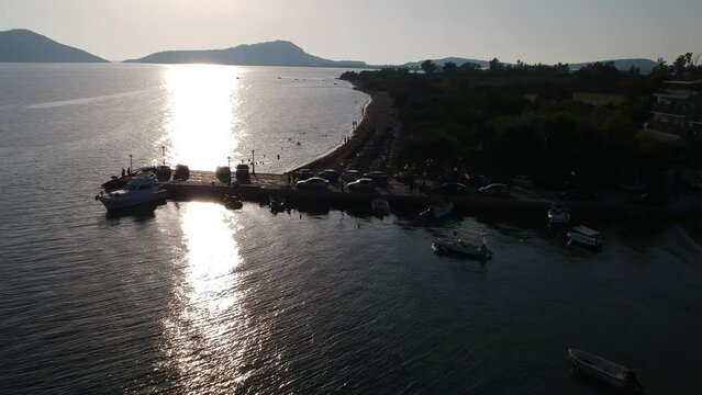 Panoramic aerial view over Gialova seaside city in Navarino bay. It is one of the best touristic places located in Messenia, Greece.