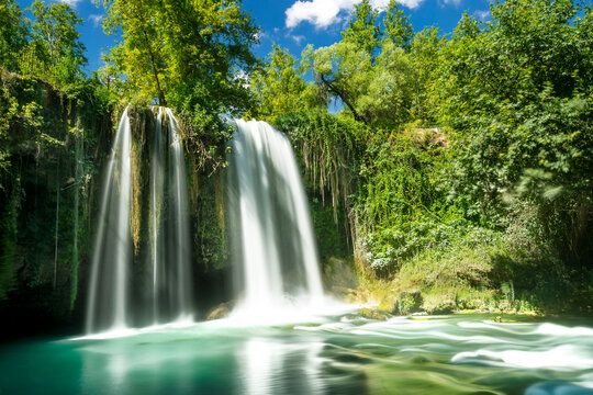 Long exposure wide angle photo of düden waterfall in Antalya, Turkey.. Selective focus