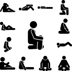 Man, person, squatting icon in a collection with other items