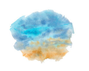 Blue-brown watercolor background with a jagged edge. Abstract spot. Sea. Ocean. Sand.