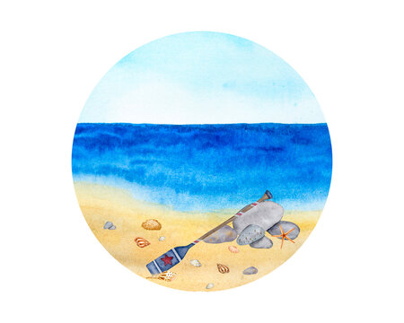 Summer beach vacation. Watercolor background. Composition with a seashore, an oar lying on stones, shells. Illustration for logo, label, poster, print, postcard, stationery.