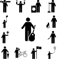 Guitar, man, object icon in a collection with other items