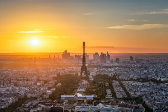 Paris skyline at sunset with view of Eiffel Tower	