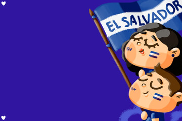 Ilustración de día de la Independencia de El Salvador, bandera de El Salvador, chico y chica salvadoreños patrióticos con fondo azul  - obrazy, fototapety, plakaty