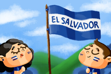 Ilustración infantil de día de la Independencia de El Salvador, bandera de El Salvador, chico y chica salvadoreños patrióticos con paisaje de fondo 
