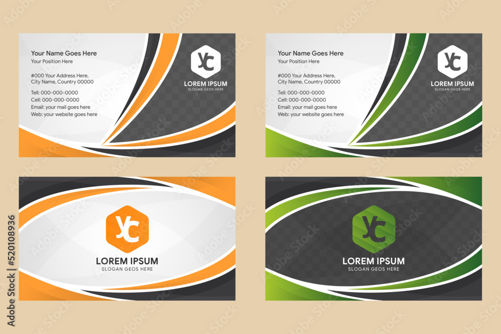 Poster horizontal layout of business card with dark grey gradient and black background. orange and green gr