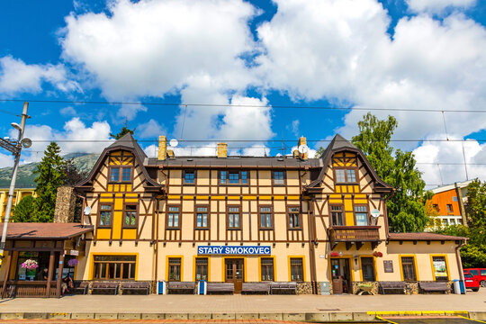 High Tatras, Slovakia - July 2018: Stary Smokovec - junction railway station of Tatra Electric Railways (TEZ-TER) (also known as Tatra tram) in High Tatras mountains, Slovakia. Station opened in 1908