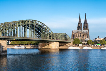 View of Cologne Cathedral and Hohenzollern Bridge in summer, Rhine River, North Rhine-Westphalia,...