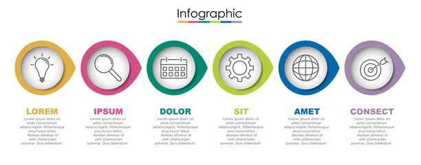 Vector infographic template with six steps or options. Illustration presentation with thin line elements icons.  Business concept graphic design can be used for web, paper brochure, diagram