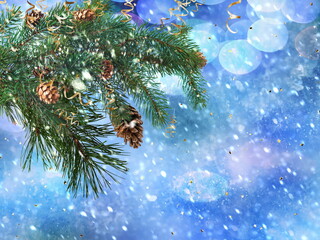 Christmas tree branch with coins on gold text  blue snowy blurred background template copy space banner greetings card
