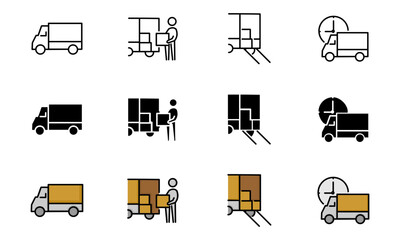set of moving service icons related to transportation vehicles with various types of shapes, namely outline, glyph, and flat. editable icon vector illustration