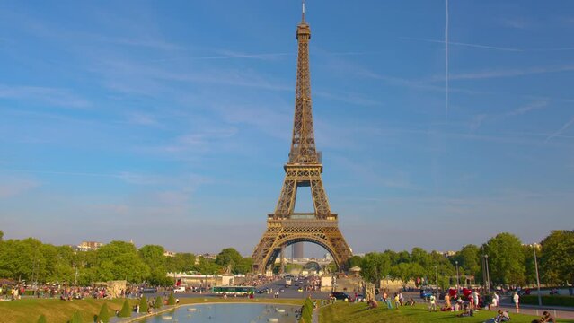 Paris, France, 26 july, 2022: Eiffel Tower at sunset in summer. Most popular tourist landmark in France