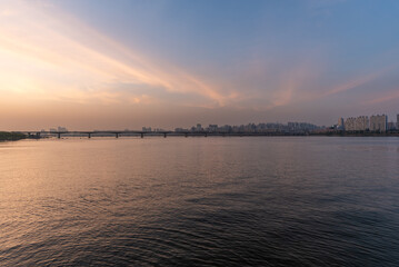 Han river and Seoul cityscape sunset view in South Korea