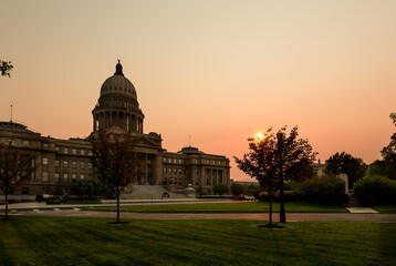 Idaho Capitol building exterior in pink morning light