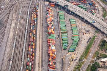 Fototapeta premium Aerial view of the CN Schiller Park Intermodel rail yard in the suburbs of chicago