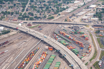 Fototapeta premium Aerial view of the CN Schiller Park Intermodel rail yard in the suburbs of chicago next to I-294 